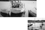 Above, Peter Fifield waves as he and the author begin the trip which will deliver London from Quincy to Buzzard’s Bay. At right, marina workers Dave and Nick at the launch on Town River.