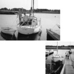 Above, Peter Fifield waves as he and the author begin the trip which will deliver London from Quincy to Buzzard’s Bay. At right, marina workers Dave and Nick at the launch on Town River.