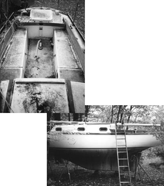 The Cape Dory shows signs of 10 years spent beneath an oak tree, above, as she takes up residence, at right, in the Baumgartners’ backyard.