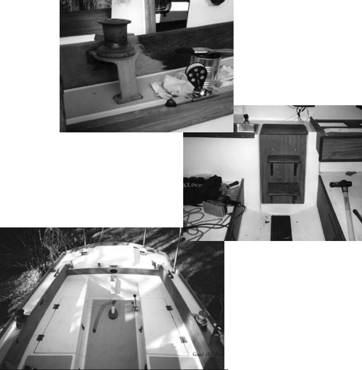 Even though much is cosmetic, the cockpit’s before and after shots (on facing page and below) tell the story. Scrubbing, sanding, and Cetol bring the teak back, above. The fiberglass is cleaned with bleach and TSP followed by On & Off, below. Sledgehammer for seacocks shown in cabin looking aft, at right.