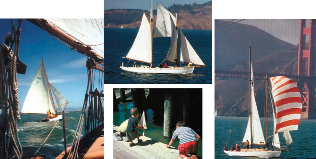 Above center, Nightwatcher, owned by Ken Godshalk and based on a Howard Chapelle design, was built in 1978 by G.K. Comstock. At left, Petrel photographed from the deck of the Makani Kai, owned by Ken and Kristine Inouye. Below center, future master mariners are underway. Model makers test their newly completed craft. At right, Barbara, owned by Robert Klemmedson, was designed by John Alden and built by Ed Fish. Construction was begun in 1928. She was launched in 1932.