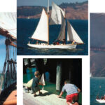 Above center, Nightwatcher, owned by Ken Godshalk and based on a Howard Chapelle design, was built in 1978 by G.K. Comstock. At left, Petrel photographed from the deck of the Makani Kai, owned by Ken and Kristine Inouye. Below center, future master mariners are underway. Model makers test their newly completed craft. At right, Barbara, owned by Robert Klemmedson, was designed by John Alden and built by Ed Fish. Construction was begun in 1928. She was launched in 1932.
