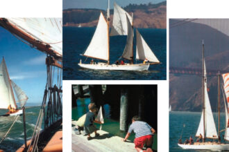 Above center, Nightwatcher, owned by Ken Godshalk and based on a Howard Chapelle design, was built in 1978 by G.K. Comstock. At left, Petrel photographed from the deck of the Makani Kai, owned by Ken and Kristine Inouye. Below center, future master mariners are underway. Model makers test their newly completed craft. At right, Barbara, owned by Robert Klemmedson, was designed by John Alden and built by Ed Fish. Construction was begun in 1928. She was launched in 1932.