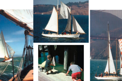 Above center, Nightwatcher, owned by Ken Godshalk and based on a Howard Chapelle design, was built in 1978 by G.K. Comstock. At left, Petrel photographed from the deck of the Makani Kai, owned by Ken and Kristine Inouye. Below center, future master mariners are underway. Model makers test their newly completed craft. At right, Barbara, owned by Robert Klemmedson, was designed by John Alden and built by Ed Fish. Construction was begun in 1928. She was launched in 1932.