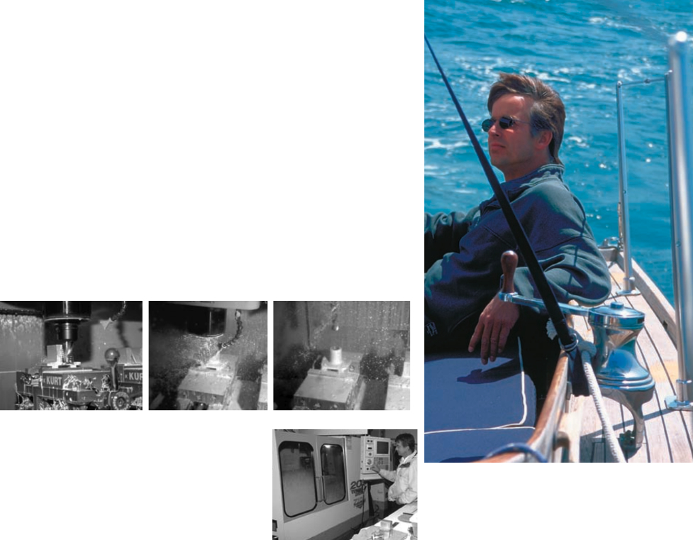 On facing page, the birth of a stanchion base. From far left: Every surface of the finished base is shaped by the CNC milling machine. The part and the tool are flooded with fluid that lubricates and cools to control tool wear and thermal distortion. A precise hole is drilled in the base for the stanchion. This page, above, Ron sails Minuet with his stanchions and new stainless lifeline. At left, Ron starts a base in one of five computer-controlled milling centers.