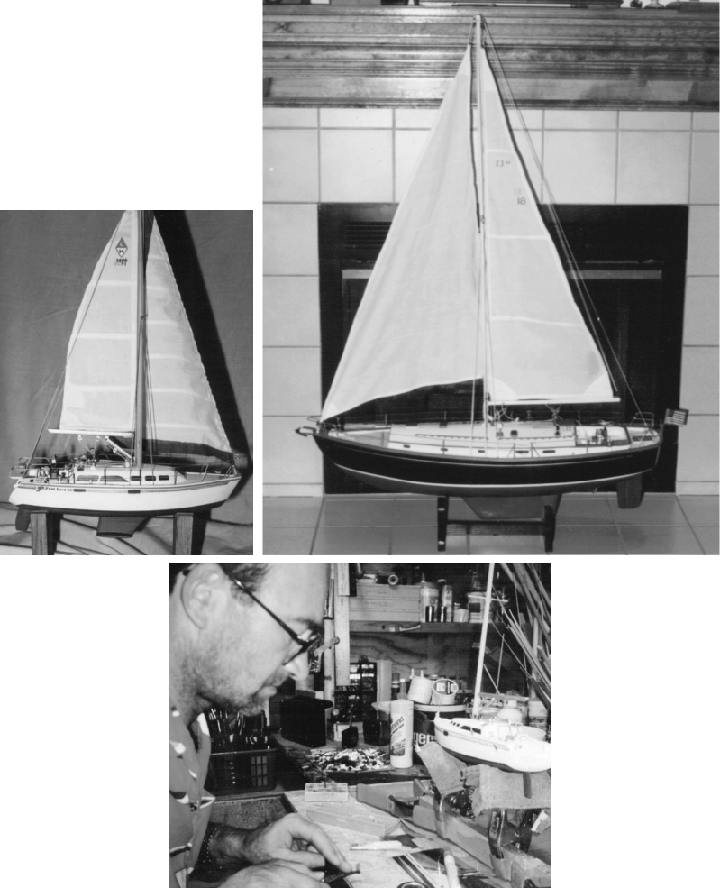 Jeanine and Roland Jackson’s model of their Catalina 34, True Love. Tom is pictured building True Love on Page 46. On the right-hand page is the Trammells’ Dickerson 37, Calypso.
