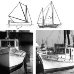 The 1850s Sicilian felucca 19 (above left) became the 1860s Columbia River 22 to 28 and the 1870s 28- to 40-foot Monterey boat, with a clipper bow. The Mariner 40 (above right), one of many derivatives. At bottom, an excellent restoration of a Monterey boat.