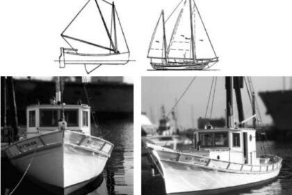 The 1850s Sicilian felucca 19 (above left) became the 1860s Columbia River 22 to 28 and the 1870s 28- to 40-foot Monterey boat, with a clipper bow. The Mariner 40 (above right), one of many derivatives. At bottom, an excellent restoration of a Monterey boat.