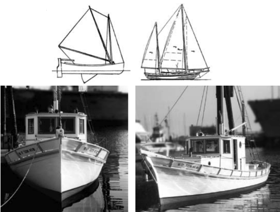 The 1850s Sicilian felucca 19 (above left) became the 1860s Columbia River 22 to 28 and the 1870s 28- to 40-foot Monterey boat, with a clipper bow. The Mariner 40 (above right), one of many derivatives. At bottom, an excellent restoration of a Monterey boat.