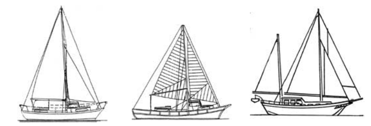 Thomas Gilmer’s first Monterey derivative, the Sea Horse 30, designed in 1950, above left. At center, the author’s 1956 design, developed with a proposal to produce replica boats from molds built over wooden 30- and 34-foot Monterey boats. At right, Monterey lover C. E. Ackerman’s Newporter 40, the first runaway success as a Monterey boat derivative. At least 25 replicas were produced and more than 50 derivatives.