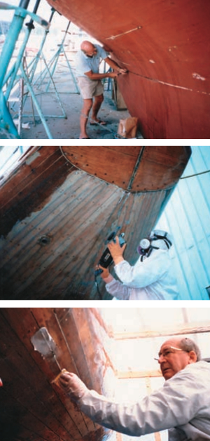 At top, old fastenings meant frequent attention to seams below the waterline. By the time the entire hull was stripped, center photo, the Kings had been working for six months, devoting all weekends, holidays, and vacation days to Mustang. At that point, they had begun to understand the immensity of the project. At bottom, seams were cleaned and filled with thickened epoxy.