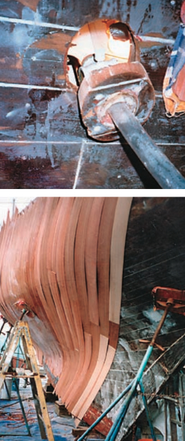 All through-hull and other hull fittings were removed, above. Many were sawn out when 50-year-old bronze screws refused to budge. These holes were plugged and backed. At bottom, the first veneers were positioned at a 45-degree angle to the hull. Temporary staples held the veneers in position while they were marked for splining. Trimming to these marks would ensure a matching fit without overlapping or leaving gaps.