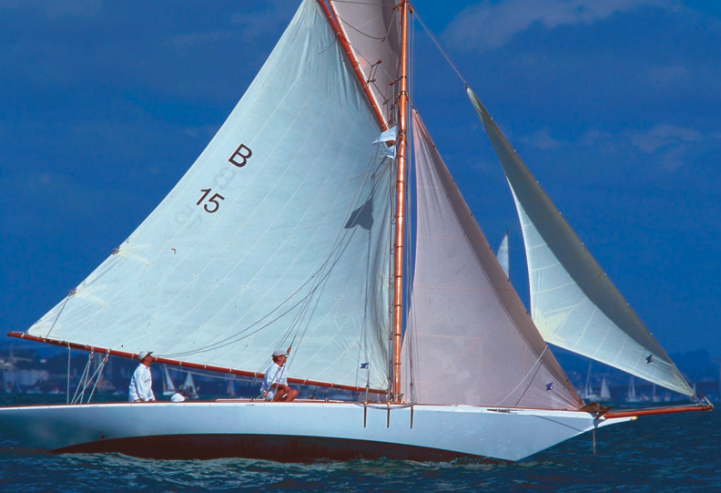 YumYum (the name of a character in Gilbert and Sullivan’s Mikado), is a 41-foot gaff-rigged cutter designed and built by Jack Weymouth of Auckland, New Zealand, in 1892. She has been owned by Russ Rimmington since 1992 and was restored by Lawrence Giles.