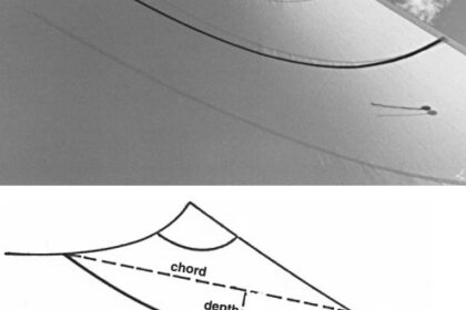 Horizontal draft stripes on a sail make it feasible to determine sail shape. The draft of a sail at any given level is the depth divided by the chord, expressed as a percentage. Draft location is the distance between the luff and the deepest point in the sail’s curvature, again expressed as a percentage of the chord. These measurements are most easily obtained from a wide-angle photograph taken with the camera almost directly against the foot of the sail.