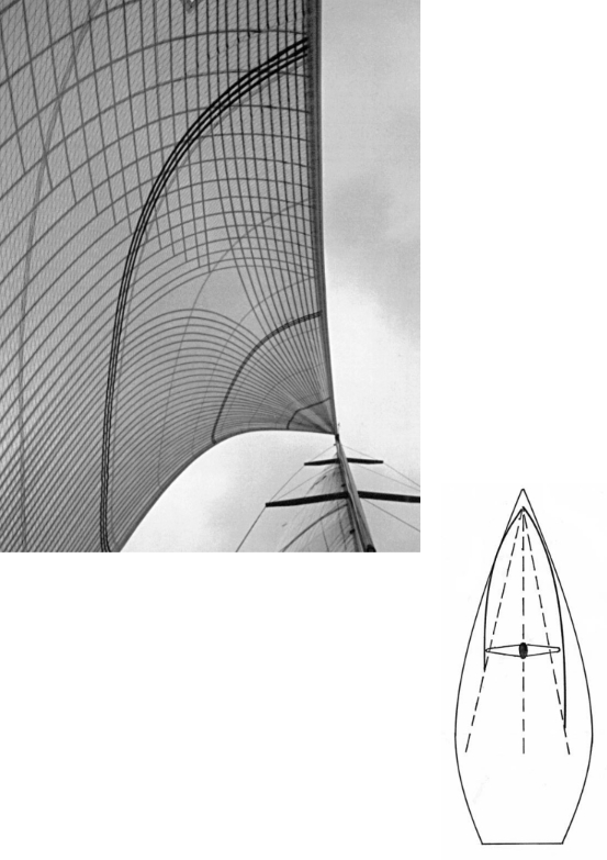Bands of super-strong Kevlar are bonded to the surface of this high-tech sail in a pattern that highlights the actual load paths within the sail membrane (above). A genoa with substantial overlap (right) will wrap around the shrouds and spreaders allowing it to be sheeted to a tighter angle (starboard side). A “lapper” (port side) is limited to a wider sheeting angle, which may, to some extent, impair its pointing ability.