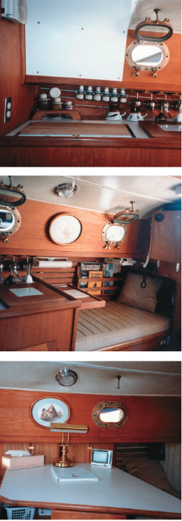 Inside Raven, Ron and Terrel painted all enclosed spaces, oiled the teak, stripped doors and hatches, and replaced the cushions.
