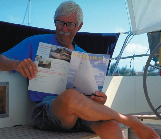What a fox! The look on his face tells us John knew we couldn’t pass up a photo of Good Old Boat as “de rigueur” reading material in paradise. We didn’t get to go on the trip, but our magazine did. (While we’re at it, no, the Larsons are no relation to the author of this piece. In Minnesota, don’t-cha- know, everyone’s named Larson, you bet!)
