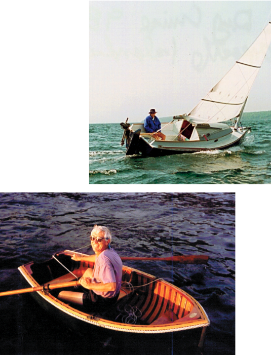 John’s latest creation, the Norwalk Island sharpie, is a pleasure to sail. It took him six years to build this traditional- looking craft. Traditional-looking does not mean built of traditional materials, however. The plywood for this boat is covered with Dynell and epoxy. The main is fully-battened, and the unstayed mast is of carbon fiber. Below is the Old Town dinghy, which John says drew more compliments than Passport herself. This dinghy arrived in derelict condition as the dinghy for a powerboat which served as John’s dockside architectural office for a time. Eventually he could stand it no more and refinished the dinghy, turning it into a work of art and a fine dinghy for Passport. He later completed a nesting dinghy which accompanied Passport on her 1999 cruise.