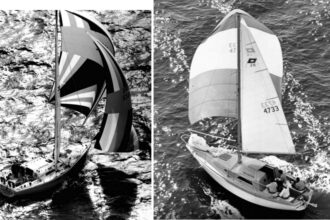 Pearson 10M, at far left, Pearson 26, at right. Both photos from Pearson marketing materials dated 1977. Our thanks to Tom Hazelhurst for sharing these treasures.