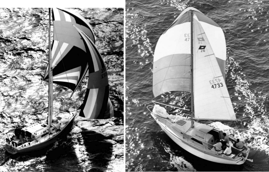 Pearson 10M, at far left, Pearson 26, at right. Both photos from Pearson marketing materials dated 1977. Our thanks to Tom Hazelhurst for sharing these treasures.