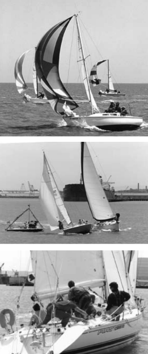 Racers seem serious enough even while rounding the legendary Mark T, center photo. But wait! Isn’t that a pink flamingo on the stern of the boat pictured at bottom?