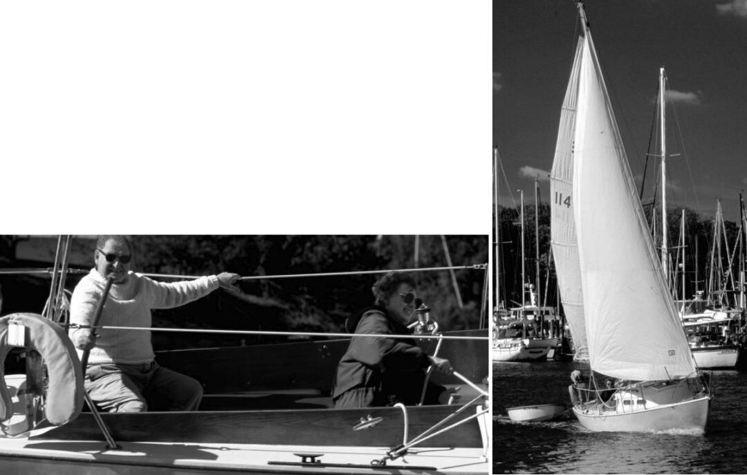 John and Pat enjoy an autumn cruise aboard Pocahontas, the Pearson Commander John bought used for $6,000 in 1970.