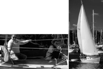 John and Pat enjoy an autumn cruise aboard Pocahontas, the Pearson Commander John bought used for $6,000 in 1970.