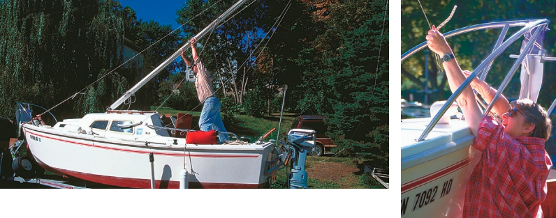 It takes two to raise the mast, but they’re not breathing hard. A person can do it alone, in fact, with the help of a mast-raising system.