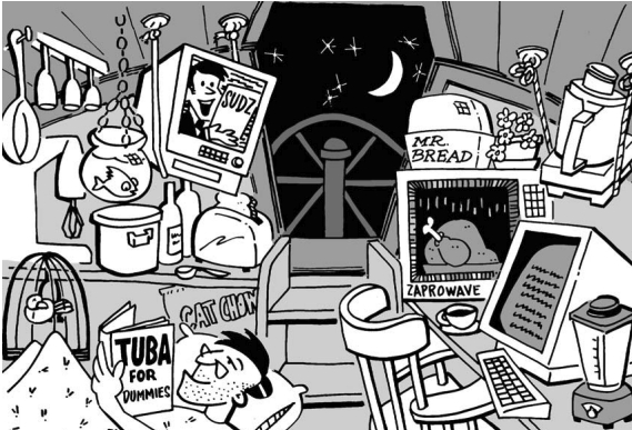 Illustration of a cockpit full of convenient items