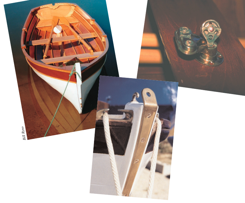 Brightwood Boats, far left, use Bristol Bronze oar locks; the bow of a Haven 12 1/2, at left, made by students at the Landing School complete with Bristol Bronze stem strap, bow chocks and a jib club hook; and a swivel cam cleat, above, in use at The Boat-House.