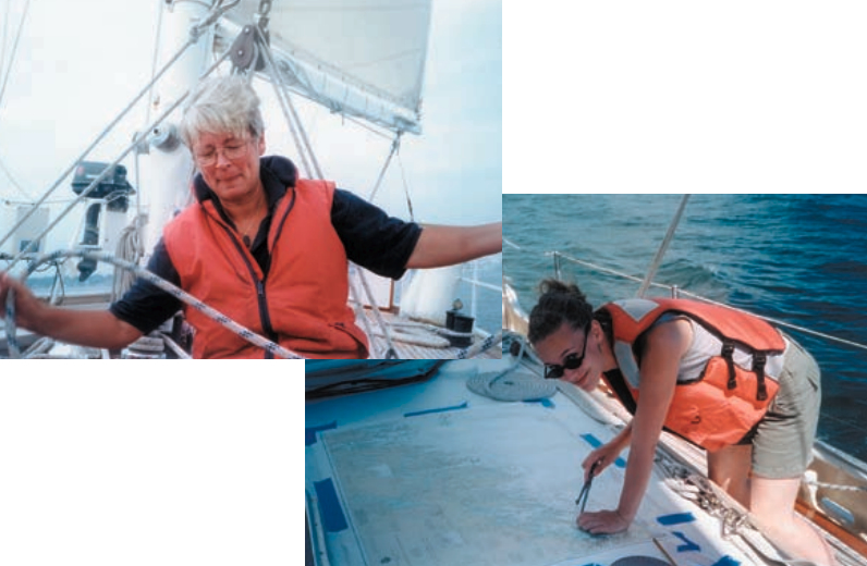 Letty Wheeler demonstrates line handling, at left. A student navigates on the cabintop, below.