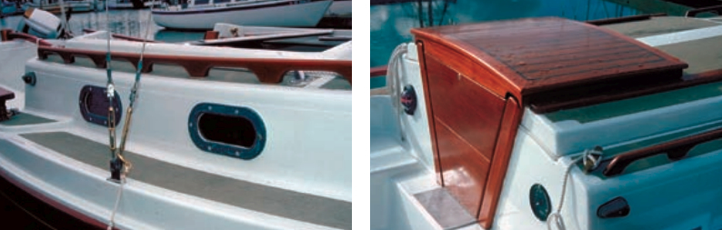 Bronze portlights are yet to come. Those pictured at left are painted wooden reproductions. A teak hatch and trim has transformed the cockpit, at right.