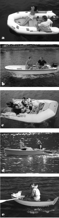 An Achilles inflatable (a) speeds through the water. The smallest of the Boston Whaler line (b) moves its passengers between boat and shore. A Zodiac Cadet (c) moves effortlessly through an anchorage. The Walker Bay dinghy (d) is suitable for sail, oars, or motor. The brand-new Chesapeake Light Craft Eastport Pram (e) comes as a kit and is put together using stitch-and-glue methods.