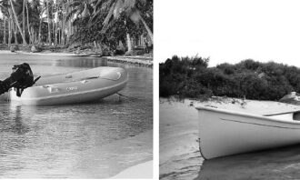 An Apex inflatable rests easily on the shore in paradise, above, and a Trinka waits serenely in a more northerly locale, below.