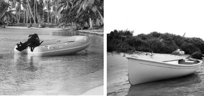 An Apex inflatable rests easily on the shore in paradise, above, and a Trinka waits serenely in a more northerly locale, below.