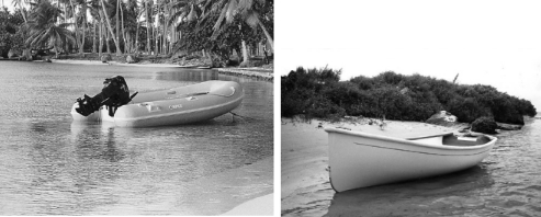 An Apex inflatable rests easily on the shore in paradise, above, and a Trinka waits serenely in a more northerly locale, below.