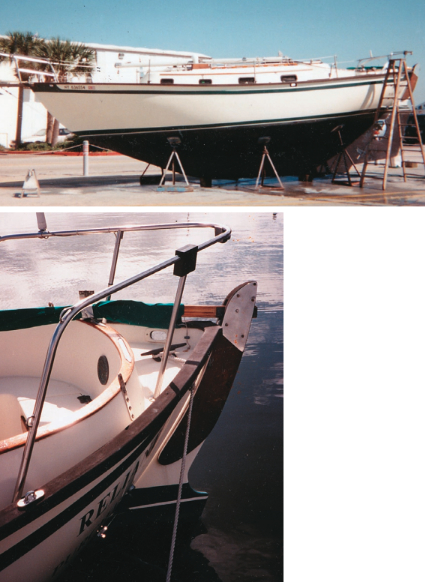 Reliant, shown here and below, shows the full keel, outboard rudder, and lovely canoe-style stern of the Southern Cross 31.