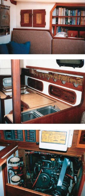Accommodations on Tao, at top, include a bulkhead-mounted heater, caned panels on cupboards for ventilation, and a substantial bookshelf. The bottom two photos show Reliant’s galley (a newer model with the double sink) and engine (a Yanmar 2QM20H).