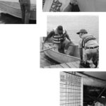 A spectator examines a just-completed Teal dory above left. At top right, Mike Fennel and Eric Biastre work to fasten the stem of their dory. Todd Frizzelle, on dock, prepares to launch partner Mark Bayne into the Sampit River and into the rain. Below, Susan Sandes tallies competitors’ scores.