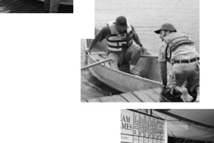 A spectator examines a just-completed Teal dory above left. At top right, Mike Fennel and Eric Biastre work to fasten the stem of their dory. Todd Frizzelle, on dock, prepares to launch partner Mark Bayne into the Sampit River and into the rain. Below, Susan Sandes tallies competitors’ scores.