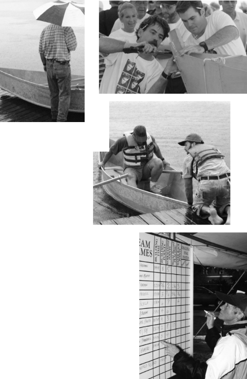 A spectator examines a just-completed Teal dory above left. At top right, Mike Fennel and Eric Biastre work to fasten the stem of their dory. Todd Frizzelle, on dock, prepares to launch partner Mark Bayne into the Sampit River and into the rain. Below, Susan Sandes tallies competitors’ scores.