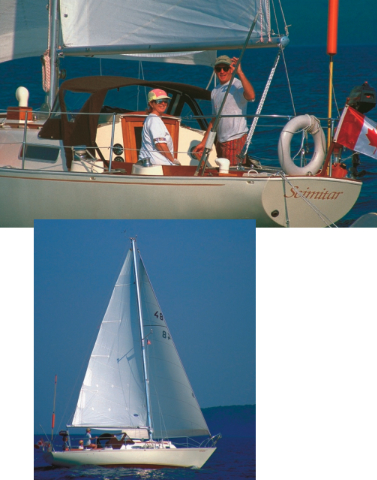 Joanne and Brian Novak, above, are turning Scimitar into a showpiece as well as a cozy cruiser. They claim to be novices, but their sail trim, at left, shows them to be quick studies.