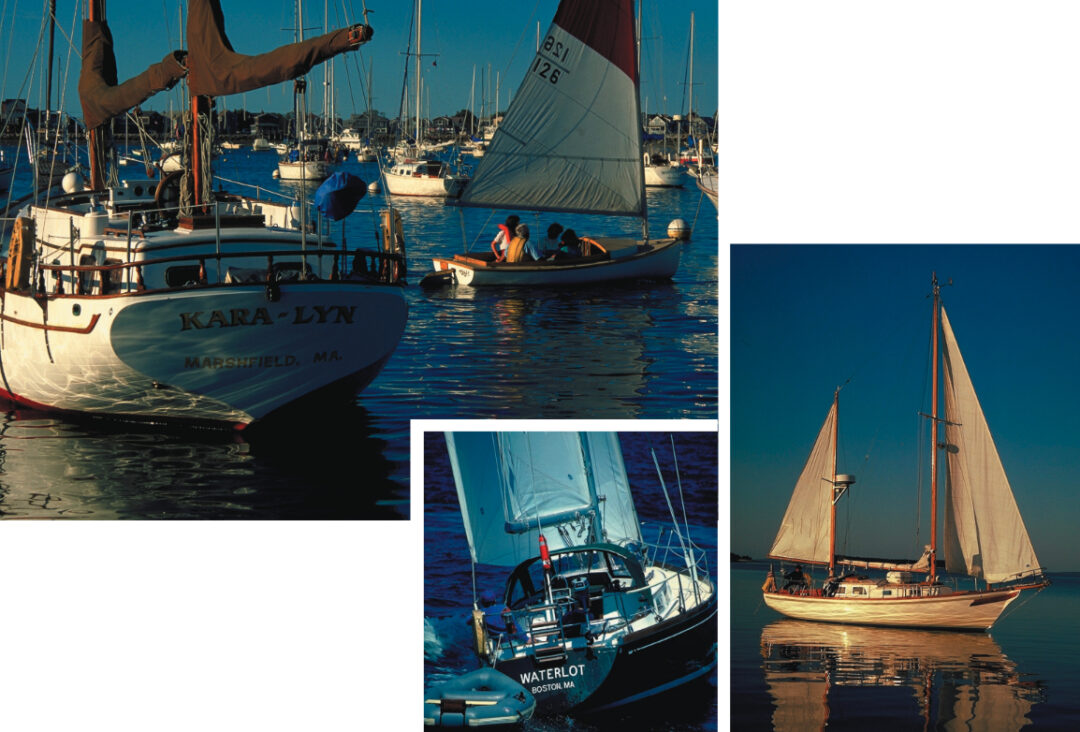 Above, twilight sailing. At right, Waterlot, a 1986 Bristol 35.5, creams up Massachusetts Bay with Bob and Mary Ann Moll aboard. Both photos near Scituate, Mass. At far right, a sun-gilded vessel ghosts into McGlathery’s Cove on McGlathery Island, Merchants Row, Maine.