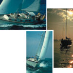 At far left, the 34-foot Sea Sprite, Nedwick, and sailors Walter and Neddie Barnard enjoy a spirited sail. At left, Christine, an O’Day 32 flies off with the Bob Lyons family aboard. Above, a luminous morning. All photos near Scituate, Mass.