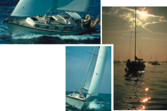 At far left, the 34-foot Sea Sprite, Nedwick, and sailors Walter and Neddie Barnard enjoy a spirited sail. At left, Christine, an O’Day 32 flies off with the Bob Lyons family aboard. Above, a luminous morning. All photos near Scituate, Mass.