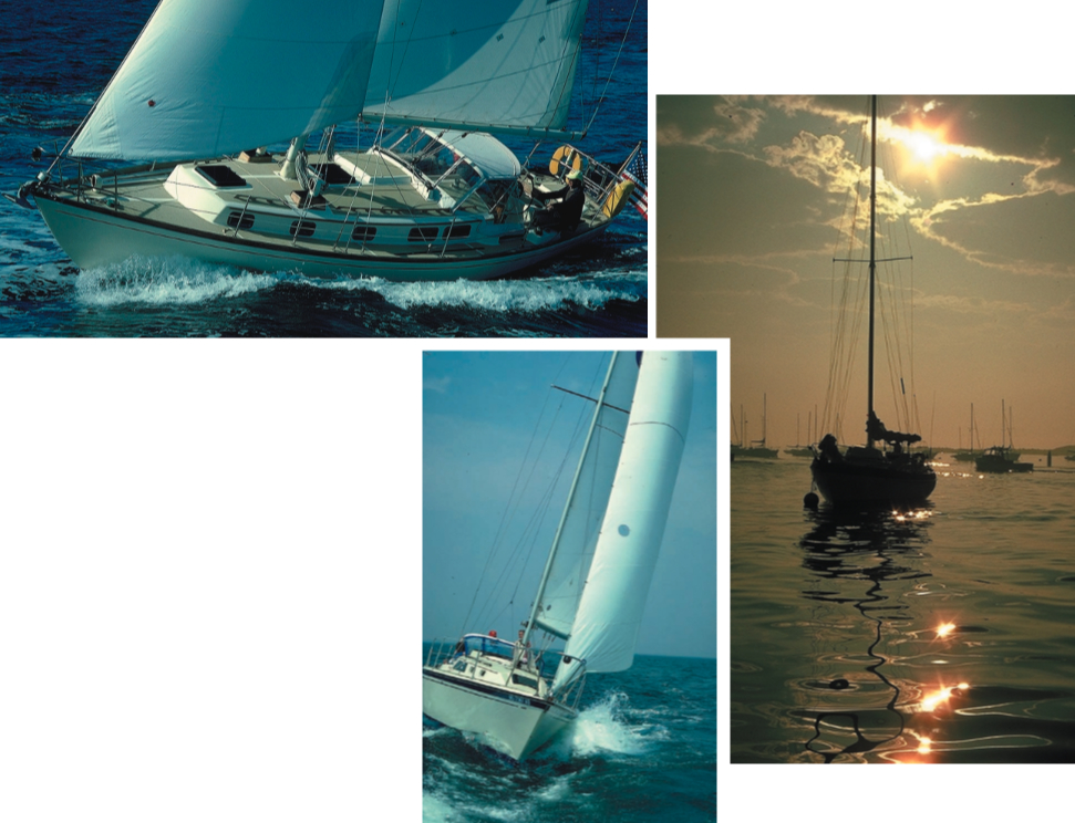 At far left, the 34-foot Sea Sprite, Nedwick, and sailors Walter and Neddie Barnard enjoy a spirited sail. At left, Christine, an O’Day 32 flies off with the Bob Lyons family aboard. Above, a luminous morning. All photos near Scituate, Mass.