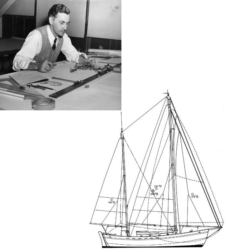 E. Weston Farmer, N.A., at the drafting table, at left, and the Tahitiana’s sail plan, below.