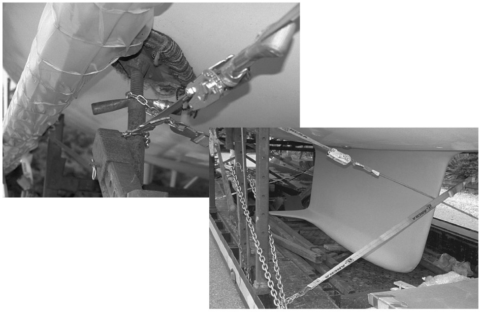 This mast is padded, although this may not be a good idea due to chafe on attached lines or furler extrusions. Standing rigging is coiled, taped, and padded. It is stowed in the box at lower right of the photo at right. Good keel support is important.
