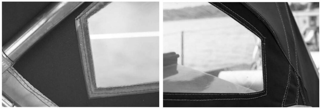 Project completed: new window plastic puts life back into a sprayhood (dodger). Inside view of the author’s replacement windows, at left, and the outside view, at right. Who would guess that the plastic is doubled up at the seams?