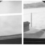 Project completed: new window plastic puts life back into a sprayhood (dodger). Inside view of the author’s replacement windows, at left, and the outside view, at right. Who would guess that the plastic is doubled up at the seams?